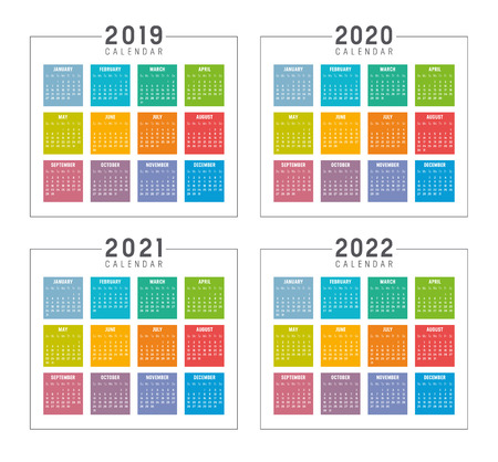 Set of minimalist colorful calendars, years 2019 2020 2021 2022, weeks start Sunday, on white background - Vector templates.のイラスト素材