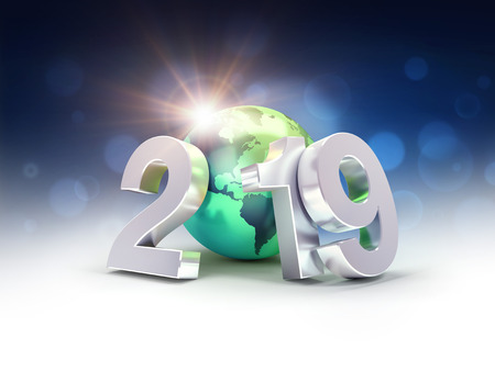 2019 New Year silver date number composed with a green planet earth, focused on America, sun shining behind - 3D illustrationの写真素材