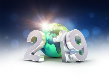 2019 New Year silver date number composed with a green planet earth, focused on Europe and Africa, sun shining behind - 3D illustrationの写真素材