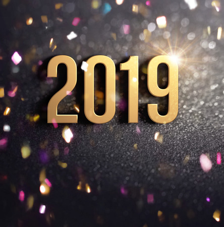 Happy New Year 2019 date number colored in gold, on a festive black background, with glitters and confetti - 3D illustrationの写真素材
