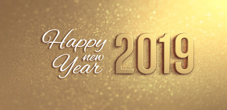 New Year 2019 date number and Greetings on a glittering gold background - 3D illustration