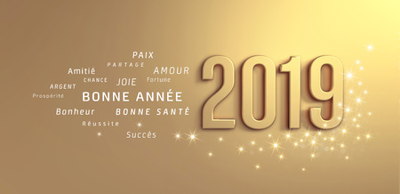 New Year 2019 date number and Greetings in French language, on a glittering gold background - 3D illustrationの写真素材