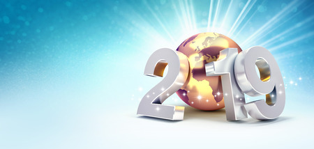 2019 New Year silver date number composed with a gold planet earth, focused on Europe and Africa, shining stars and light rays behind - 3D illustrationの写真素材