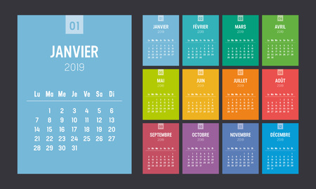 Year 2019 colorful minimalist calendar, in French language, on black background. Week starts Monday. Vector template.のイラスト素材