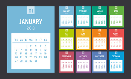 Year 2019 colorful printable calendar. One page per month. Week starts Sunday. Vector template.のイラスト素材