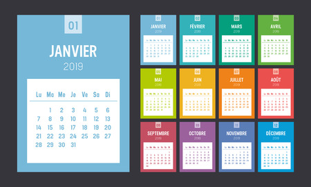 Year 2019 colorful printable calendar, in French language. One page per month. Week starts Monday. Vector template.のイラスト素材