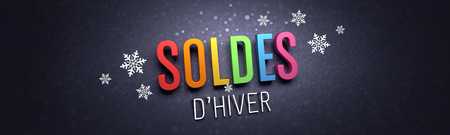 Colorful Winter Sale writing in French language, with snowflakes shapes on black banner - 3D illustrationの写真素材