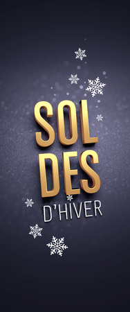 Gold Winter Sale writing in French language, with snowflakes shapes on black banner - 3D illustrationの写真素材