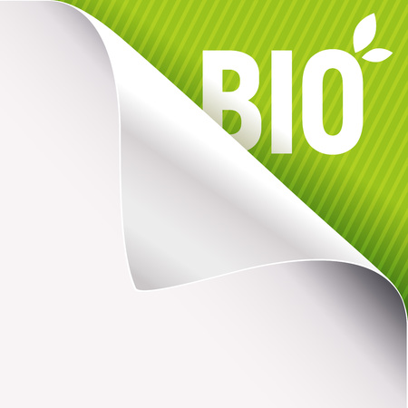 Curled corner of white paper on a green right top angle background. Bio slogan sign with leaves. Vector illustration.のイラスト素材