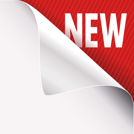 Curled corner of white paper on a red right top angle background. New slogan sign. Vector illustration.のイラスト素材