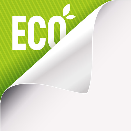 Curled corner of white paper on a green left top angle background. Eco slogan sign with leaves. Vector illustration.のイラスト素材