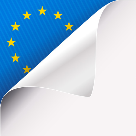 Curled corner of white paper on a blue left top angle background with European Union sign. Vector illustration.のイラスト素材