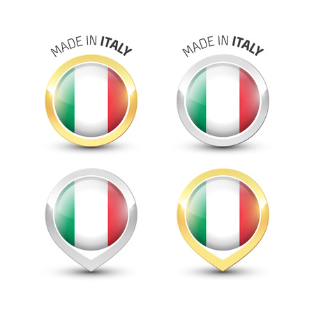 Made in Italy - Guarantee label with the Italian flag inside round gold and silver icons.のイラスト素材