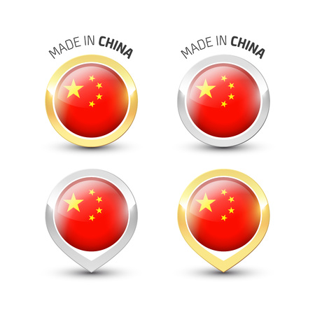 Made in China - Guarantee label with the Chinese flag inside round gold and silver icons.のイラスト素材