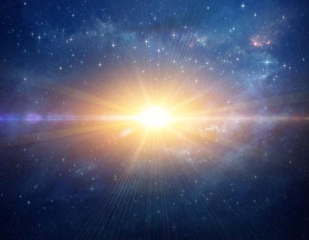 Stellar explosion shining in deep space, cosmic star blast in Universe. High resolution galaxy background.の写真素材
