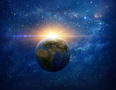 Giant meteor explosion on planet Earth in deep space. 3D illustrationの写真素材