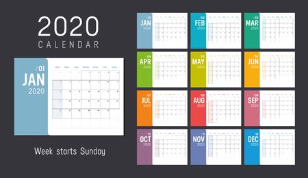 Year 2020 colorful minimalist monthly calendar on black background. Week starts Sunday. Vector template.のイラスト素材