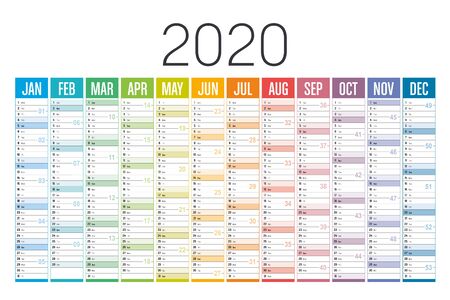 Year 2020 colorful calendar on white background. Vector template.のイラスト素材