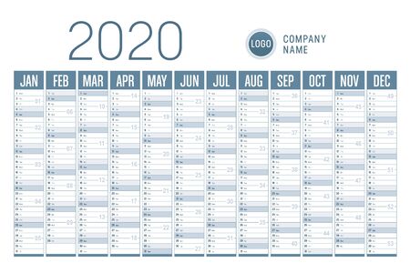 Year 2020 horizontal one page calendar on white background. Vector template.のイラスト素材