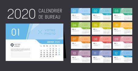 Year 2020 monthly desk calendar, in French language. Vector template.のイラスト素材