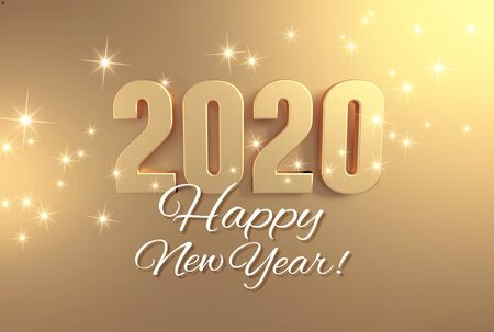 Happy New Year greetings and 2020 date number colored in gold, on a festive golden background - 3D illustrationの写真素材