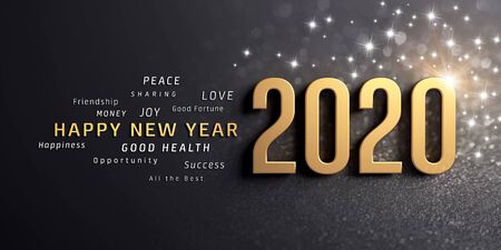 Happy New Year greetings and 2020 date number, colored in gold, on a festive black background, with glitters and stars - 3D illustrationの写真素材