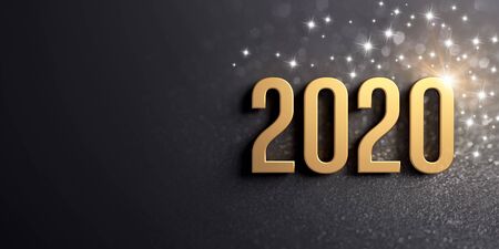 New year date number 2020 colored in gold, on a festive black background, with glitters and stars - 3D illustrationの写真素材