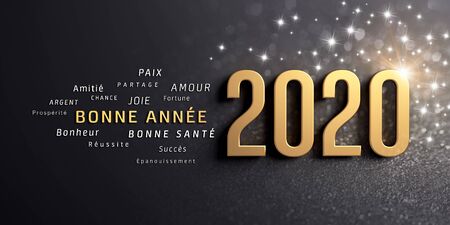 New year date 2020 and greetings in French language, colored in gold, on a festive black background, with glitters and stars - 3D illustrationの写真素材