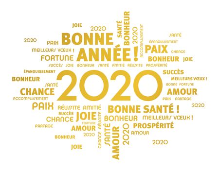 Greeting words around New Year date 2020, colored in gold, in French language, isolated on white. Word cloud wishes.のイラスト素材