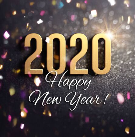 Happy New Year greetings and 2020 date number colored in gold, on a festive black background, with glitters and confetti - 3D illustrationの写真素材