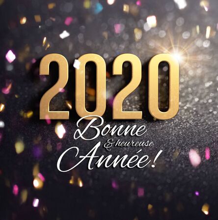 New Year date 2020 gold colored and Greetings in French language, on a festive black background, with glitters and confetti - 3D illustrationの写真素材