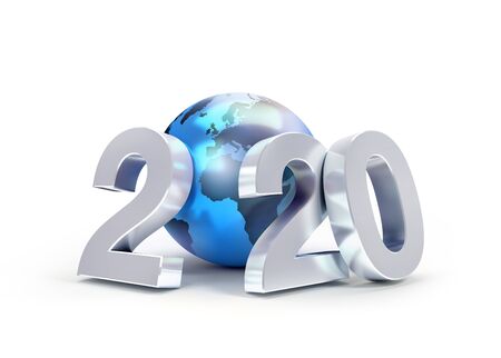 2020 New Year date number composed with a blue planet earth, focused on Europe and Africa, isolated on white - 3D illustrationの写真素材