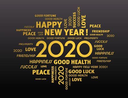 Gold greeting words around New Year date 2020, on black backgroundのイラスト素材