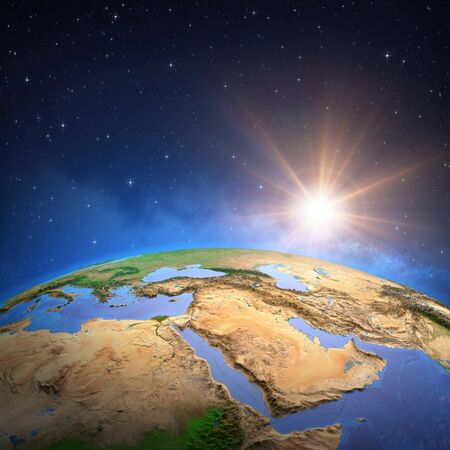Surface of the Planet Earth viewed from a satellite, focused on Middle East, sun rising on the horizon. Gulf region map. 3D illustrationの写真素材