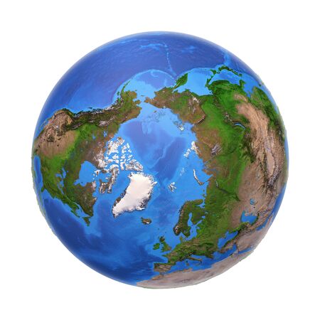 Arctic region viewed from a satellite. Physical map of North Pole in summer, August. 3D illustration of planet Earth isolated on white, with high bump effectの写真素材