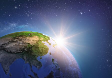 Surface of the Planet Earth viewed from a satellite, focused on East Asia, sun rising on the horizon. Physical map of China and Mongolia. 3D illustrationの写真素材