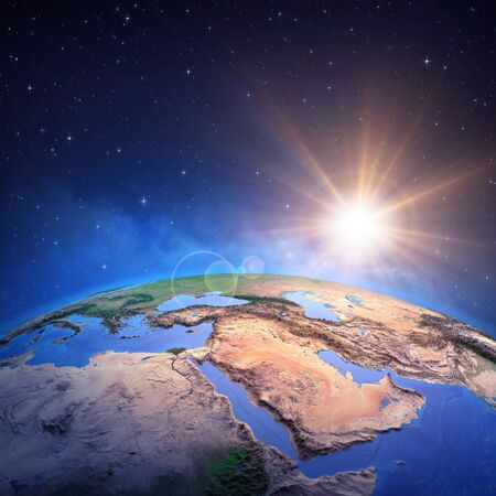 Surface of the Planet Earth viewed from a satellite, focused on Middle East, sun rising on the horizon. Gulf region map. 3D illustrationの写真素材