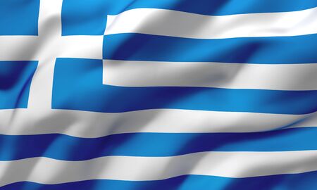 Flag of Greece blowing in the wind. Full page Greek flying flag. 3D illustration.の写真素材