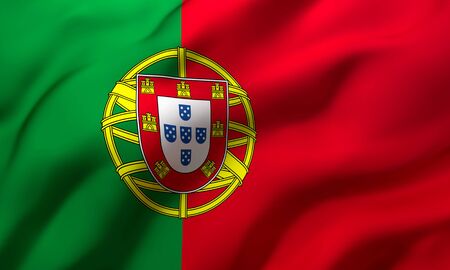 Flag of Portugal blowing in the wind. Full page Portuguese flying flag. 3D illustration.の写真素材