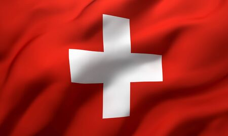 Flag of Switzerland blowing in the wind. Full page Swiss flying flag. 3D illustration.の写真素材