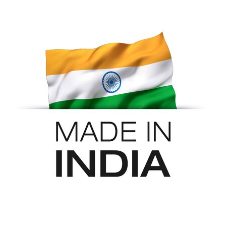 Made in India - Guarantee label with a waving Indian flag.の写真素材