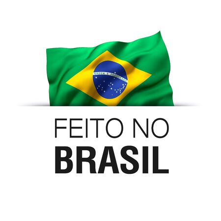 Made in Brazil written in Portuguese language. Guarantee label with a waving Brazilian flag.の写真素材