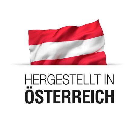 Made in Austria written in German language. Guarantee label with a waving Austrian flag.の写真素材