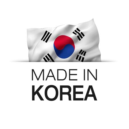 Made in Korea - Guarantee label with a waving South Korean flag.の写真素材