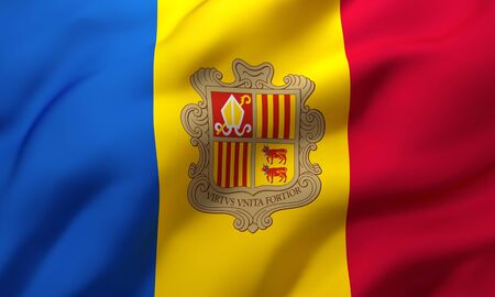 Flag of Andorra blowing in the wind. Full page Andorran flying flag. 3D illustration.の写真素材