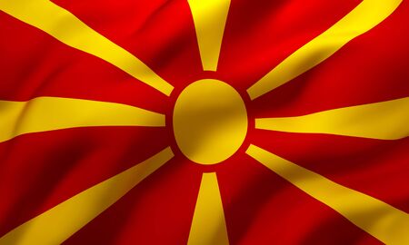 Flag of Macedonia blowing in the wind. Full page Macedonian flying flag. 3D illustration.の写真素材