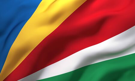 Flag of Seychelles blowing in the wind. Full page Seychellois flying flag. 3D illustration.の写真素材