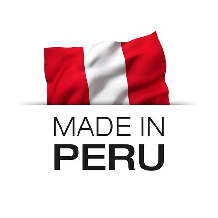 Made in Peru - Guarantee label with a waving Peruvian flag. 3D illustration.の写真素材
