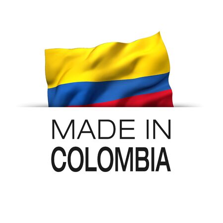 Made in Colombia - Guarantee label with a waving Colombian flag. 3D illustration.の写真素材