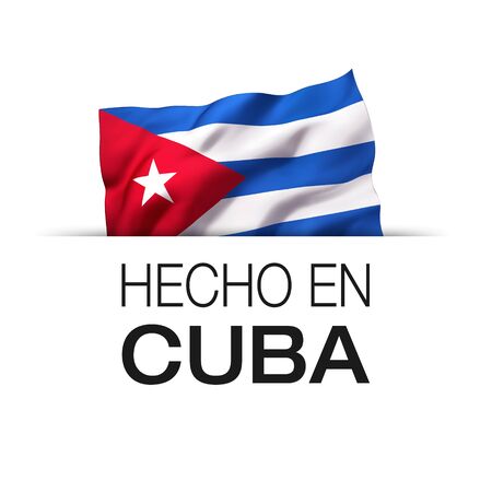 Made in Cuba written in Spanish- Guarantee label with a waving Cuban flag. 3D illustration.の写真素材
